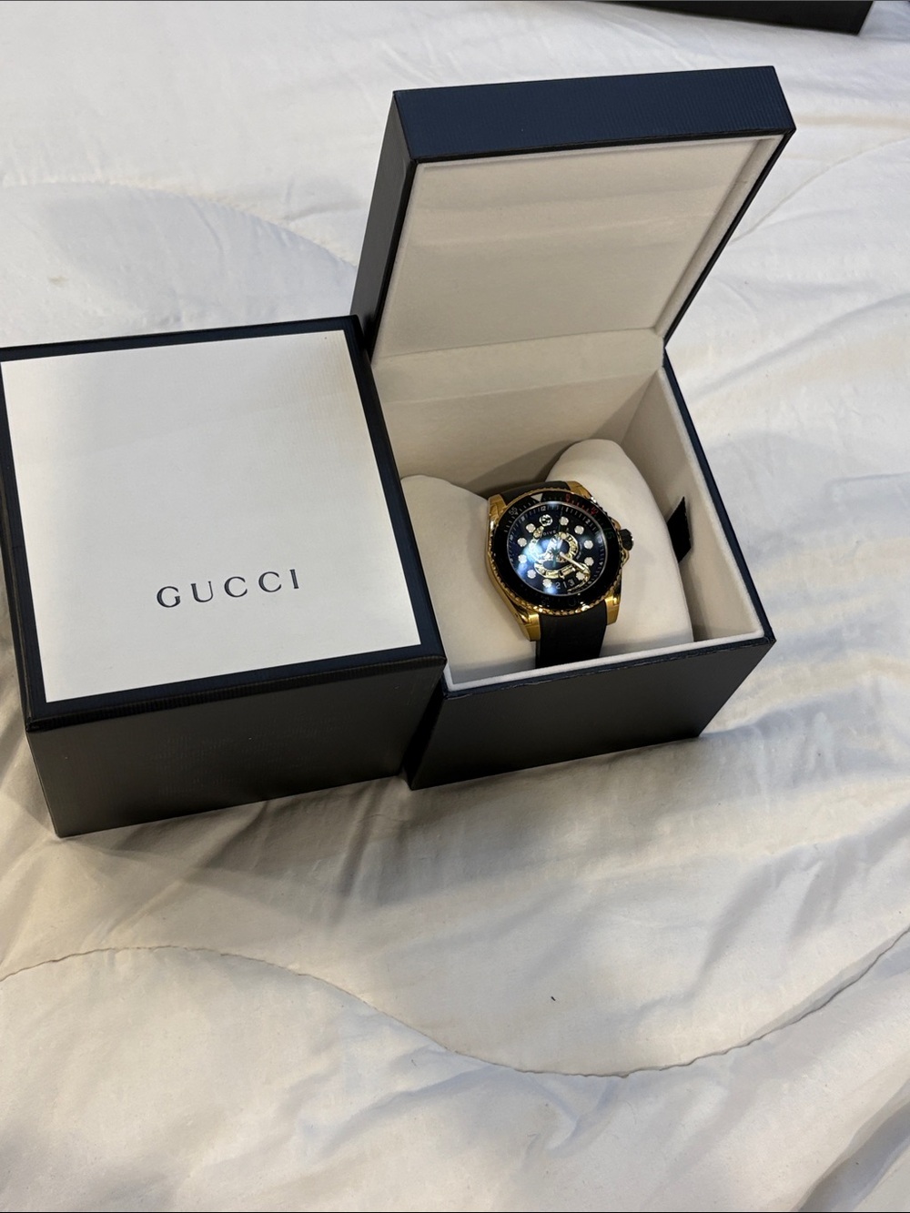 Gucci Men's Gold Case Black Dial Watch with Black Strap